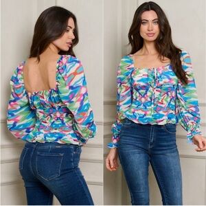 Harmony In Nature Blue Sweetheart Bishop Sleeve Blouse